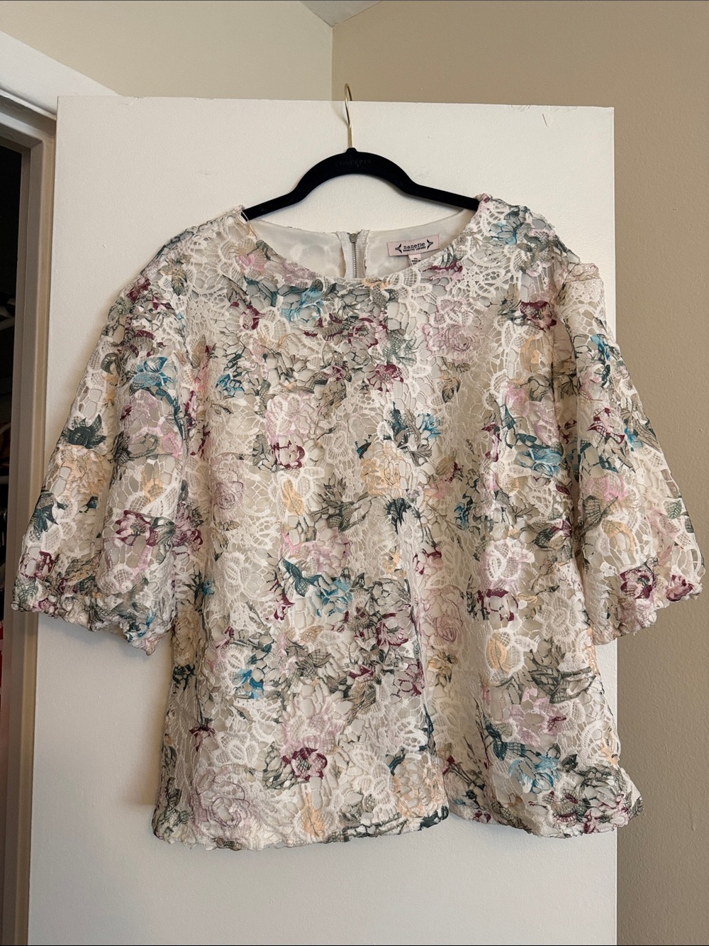 Floral Lace Short Sleeve Blouse - Cream with Pastel Floral Print